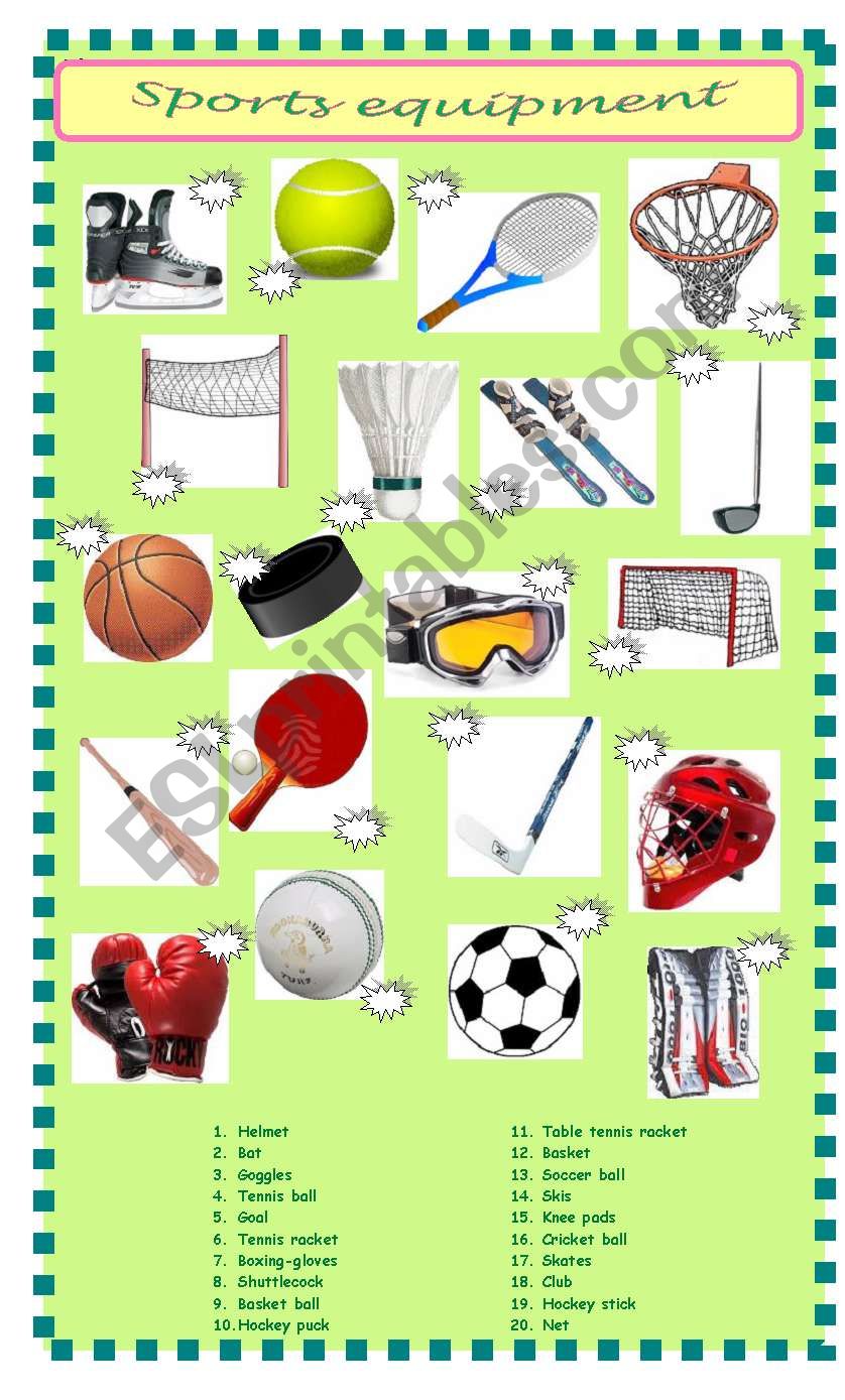 Sports equipment - matching worksheet