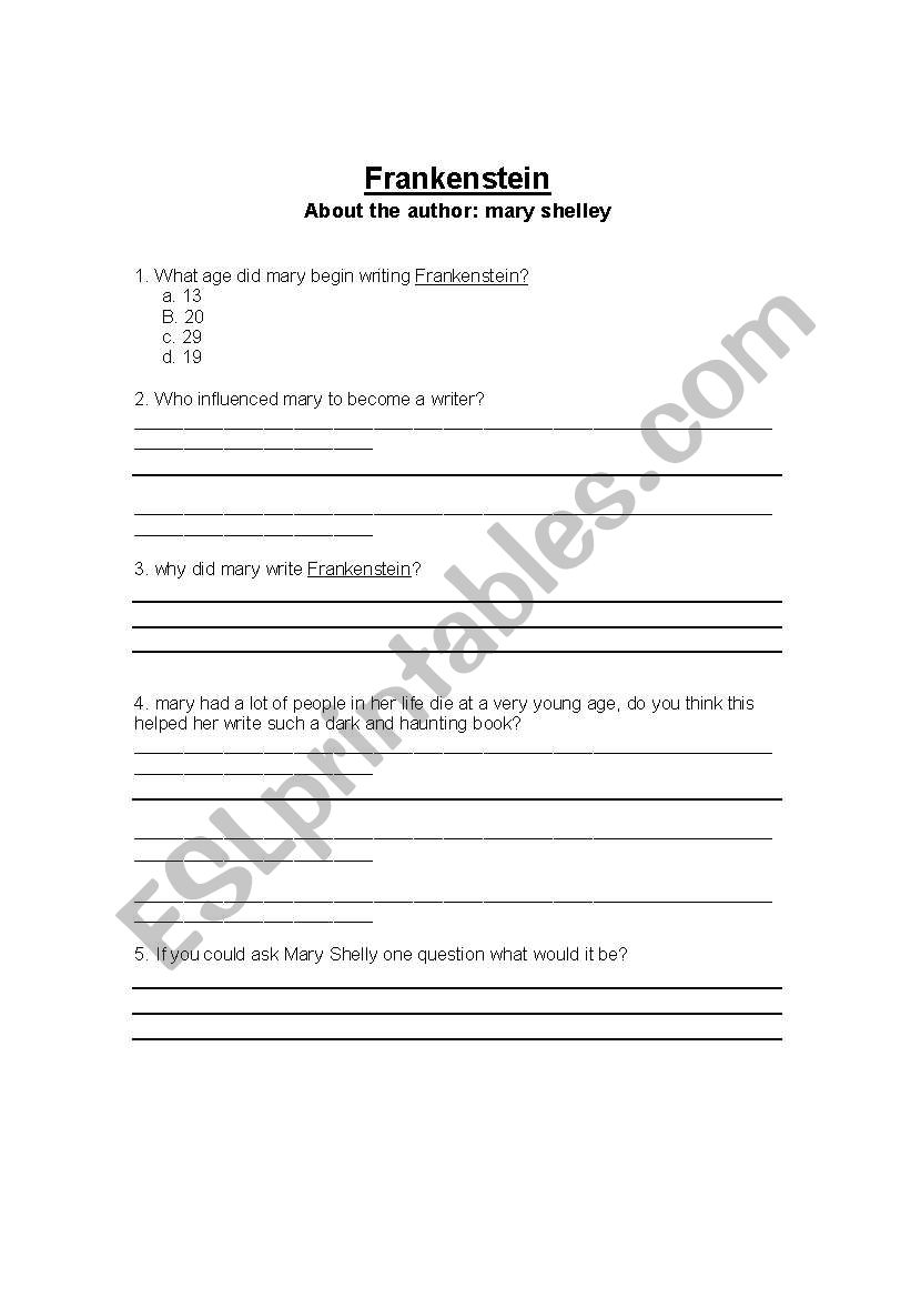 Frankenstein: Author  worksheet