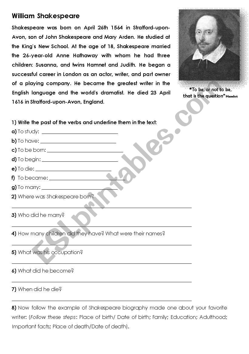 shakespeare biography worksheet answers