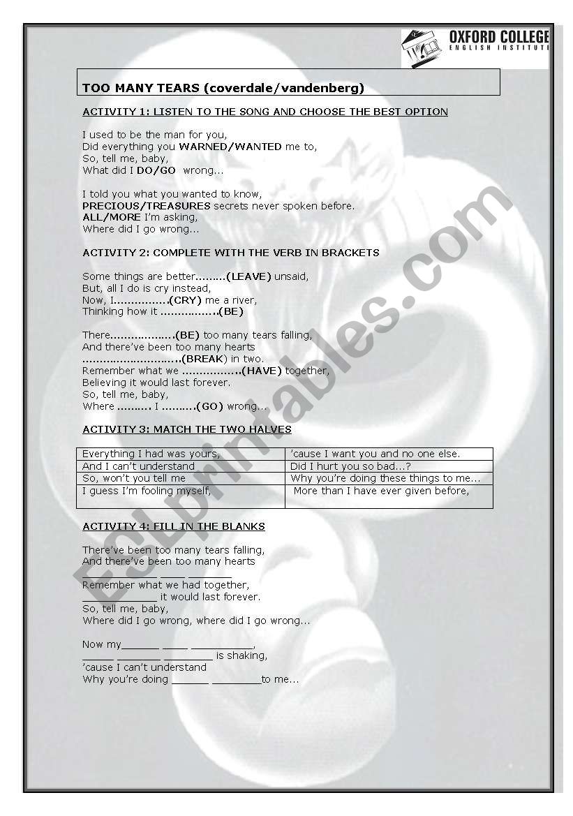TOO MANY TEARS-WHITESNAKE worksheet
