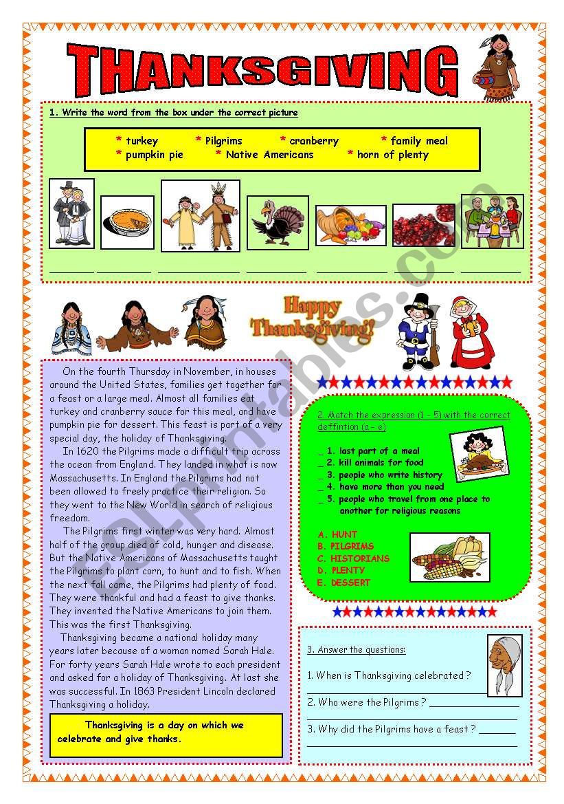 Thanksgiving - reading (fully editable & key) 