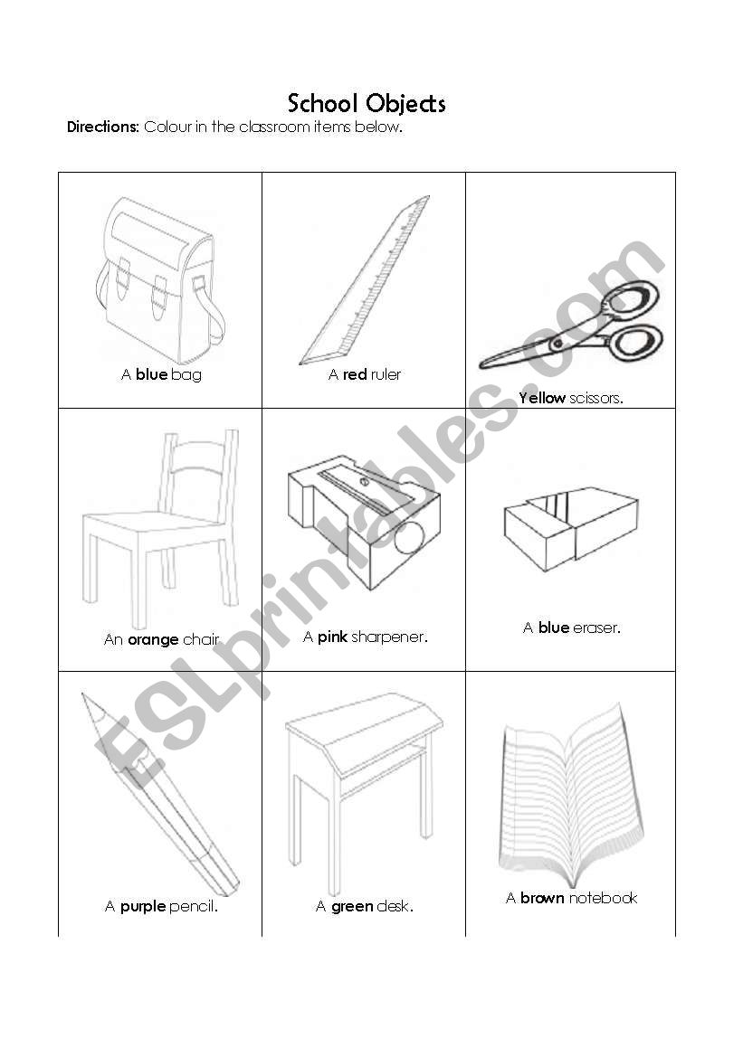 School Items: Read and Colour worksheet
