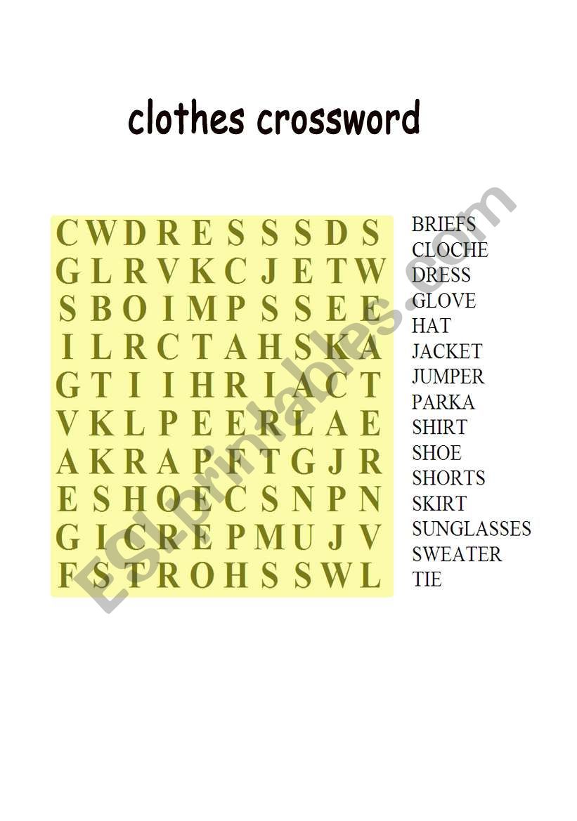 clothes crossword worksheet