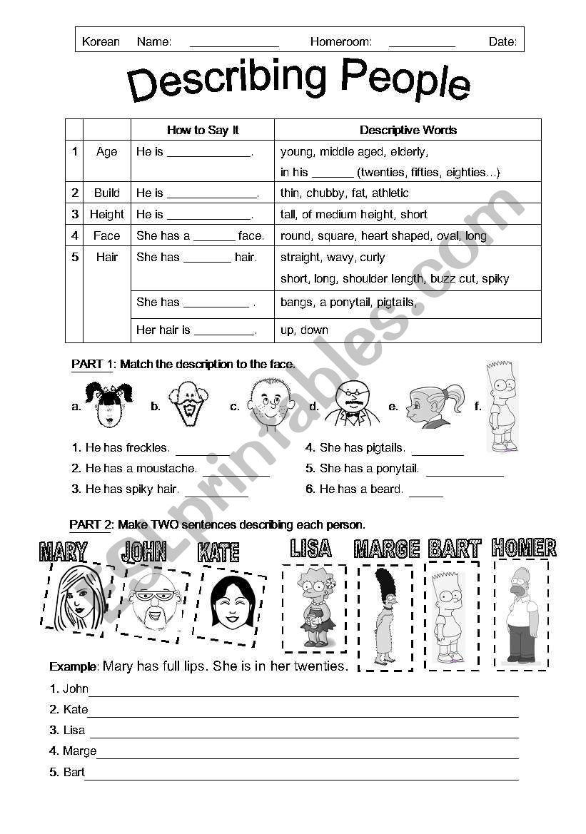 Describing People worksheet