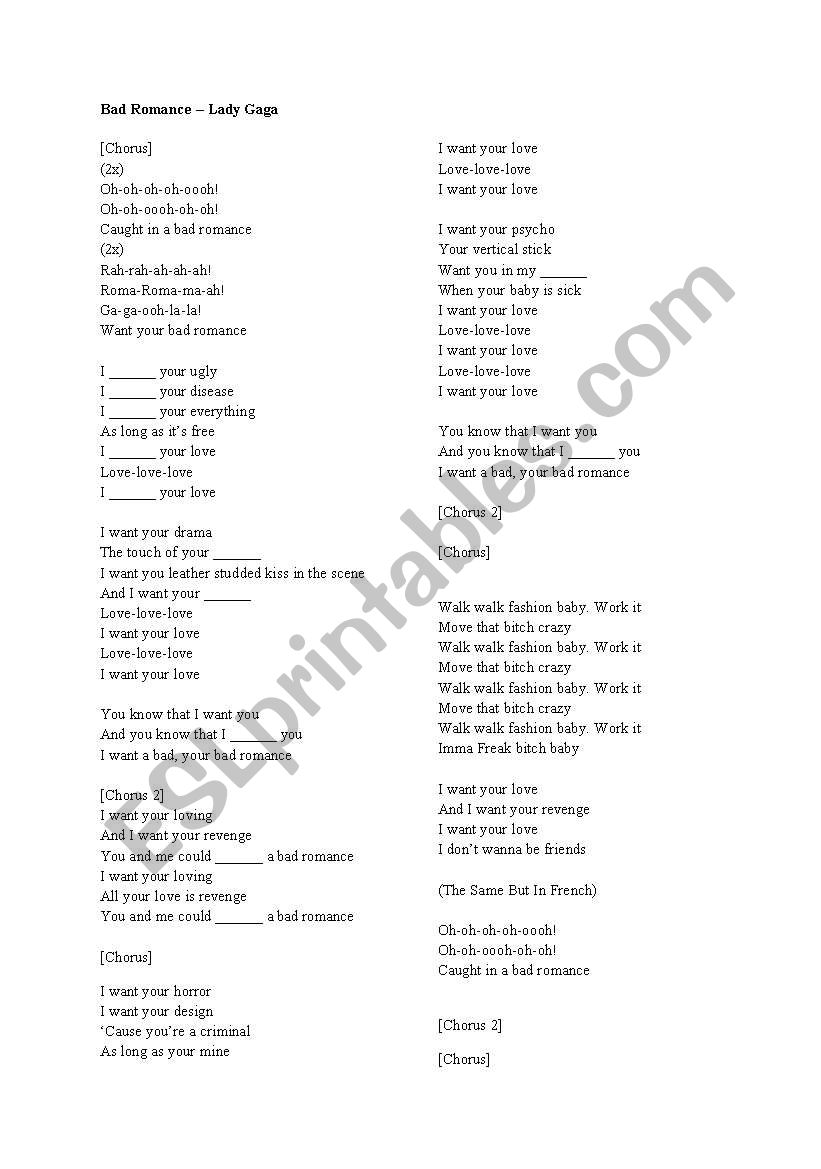 lady gaga bad romance worksheet