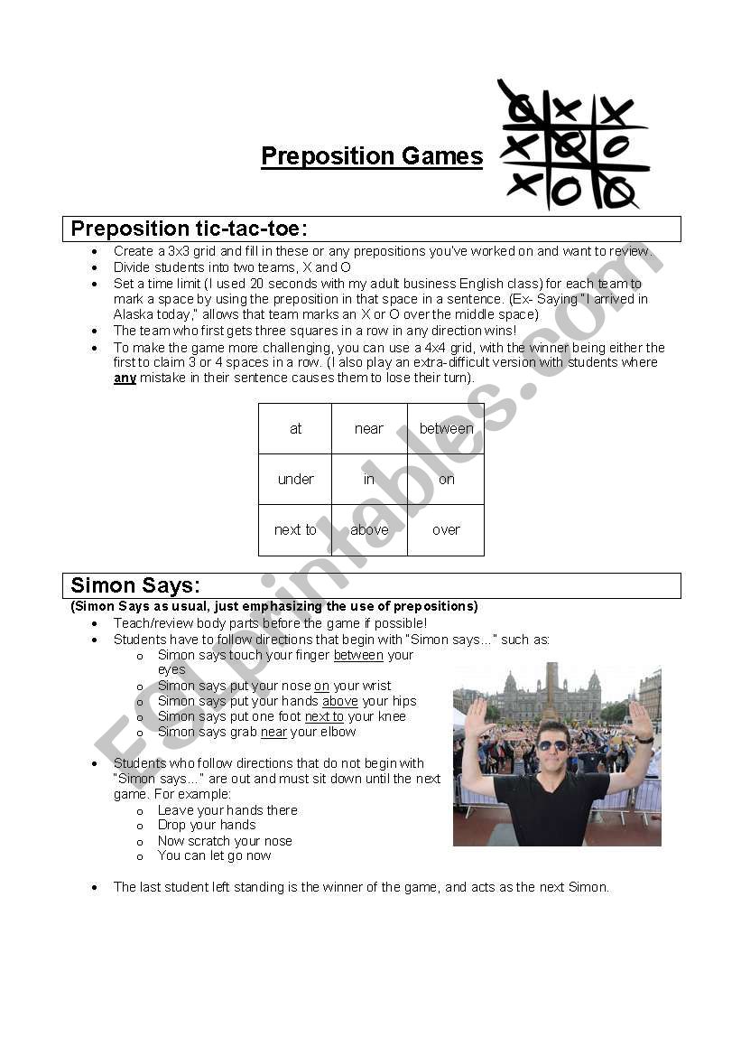 Preposition games worksheet