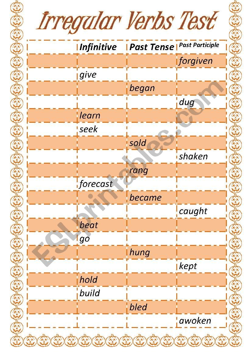 Irregular Verbs Test worksheet