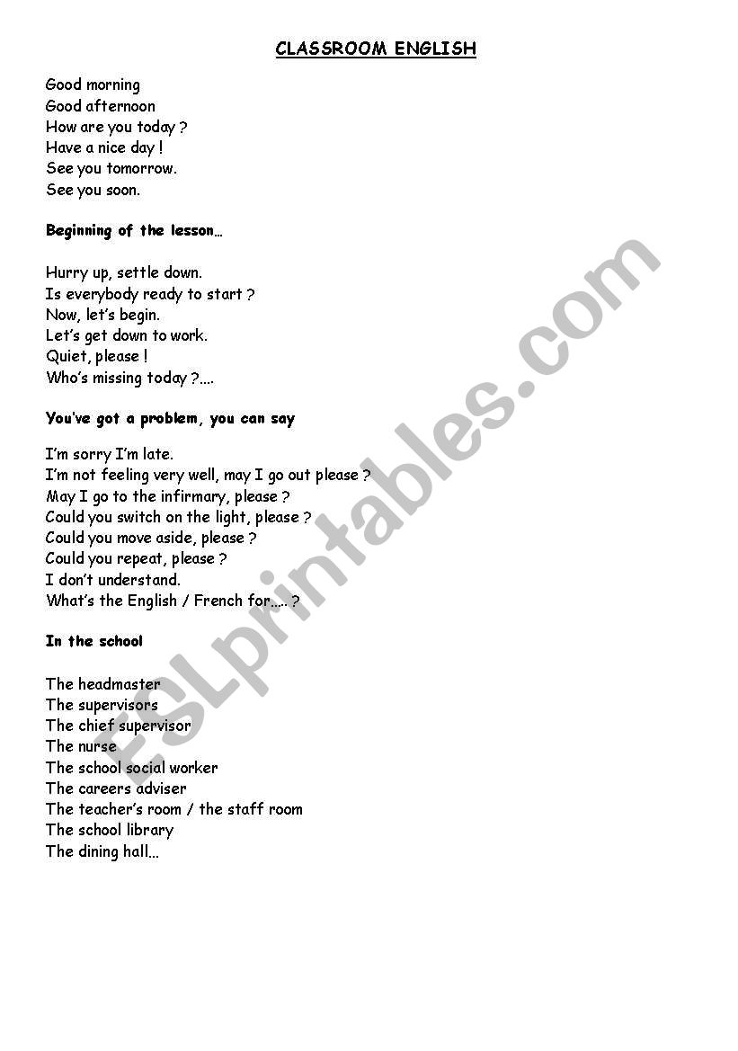 classroom english worksheet