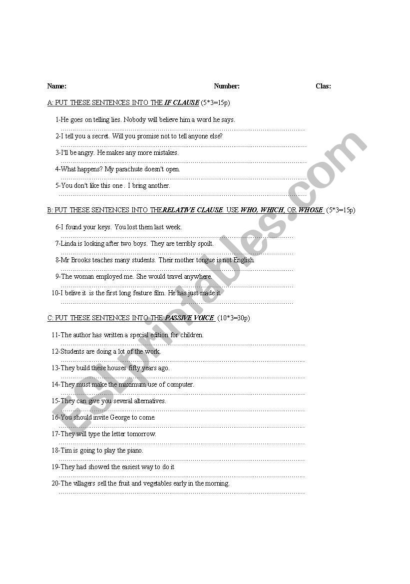 exam questions worksheet