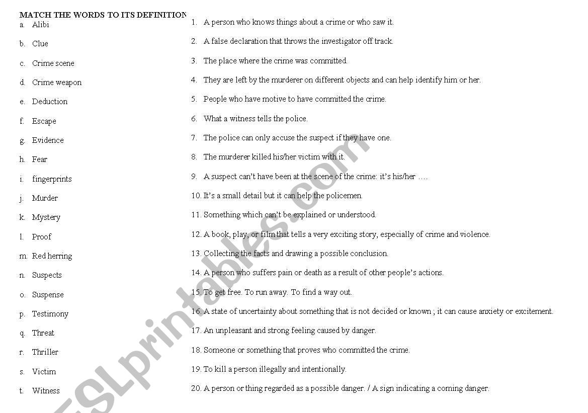 Detective stories vocab matching exercise