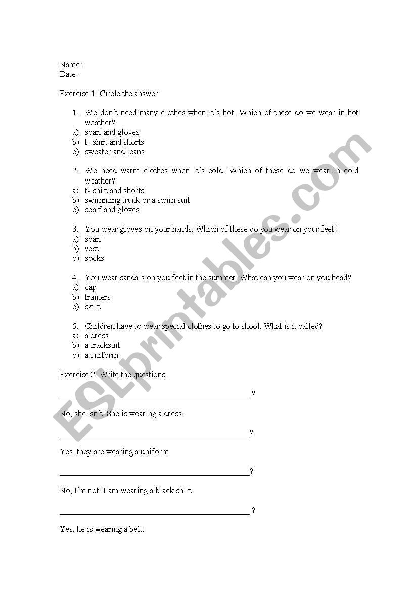 a exam about clothes. worksheet