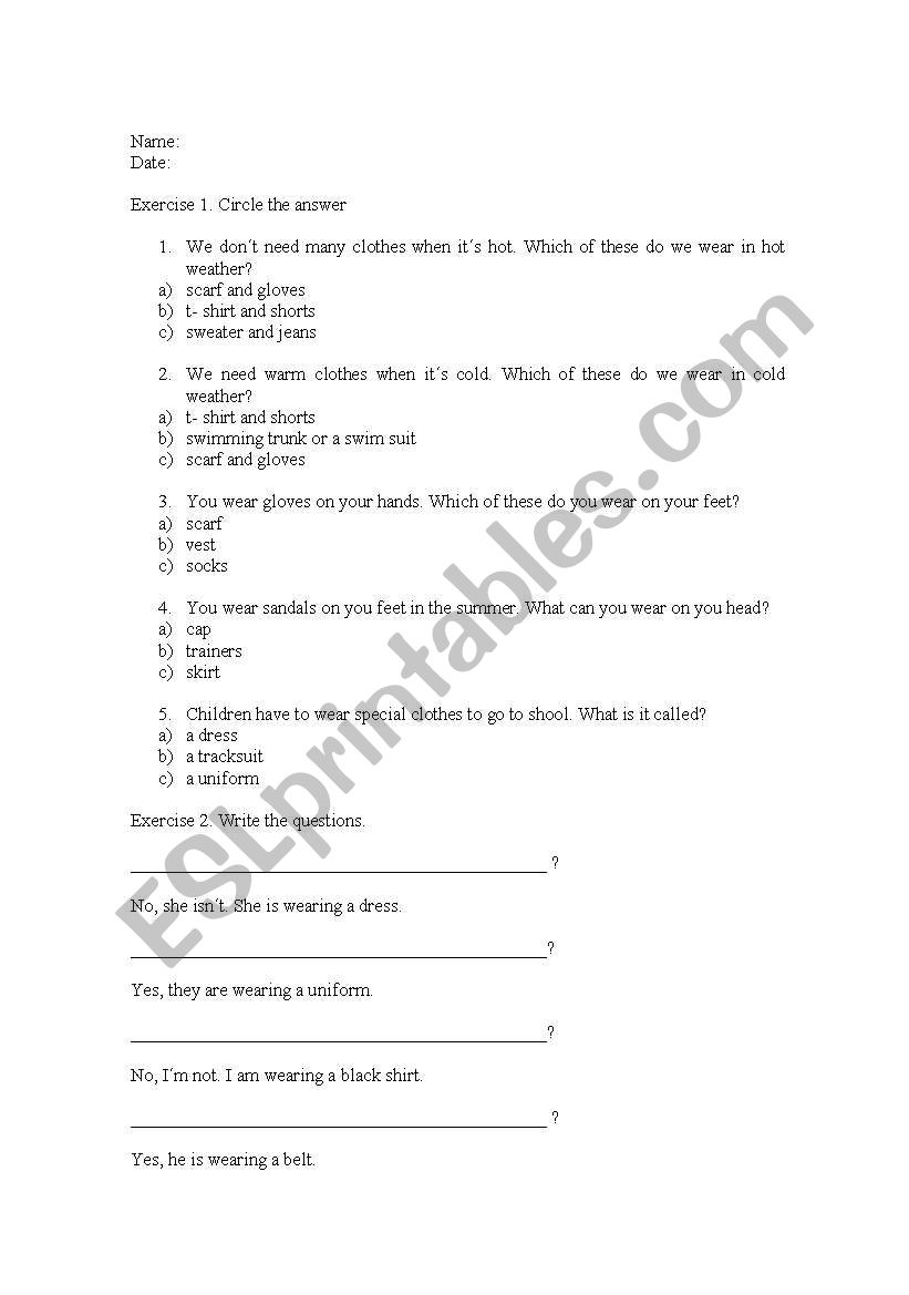 a exam about clothes. worksheet