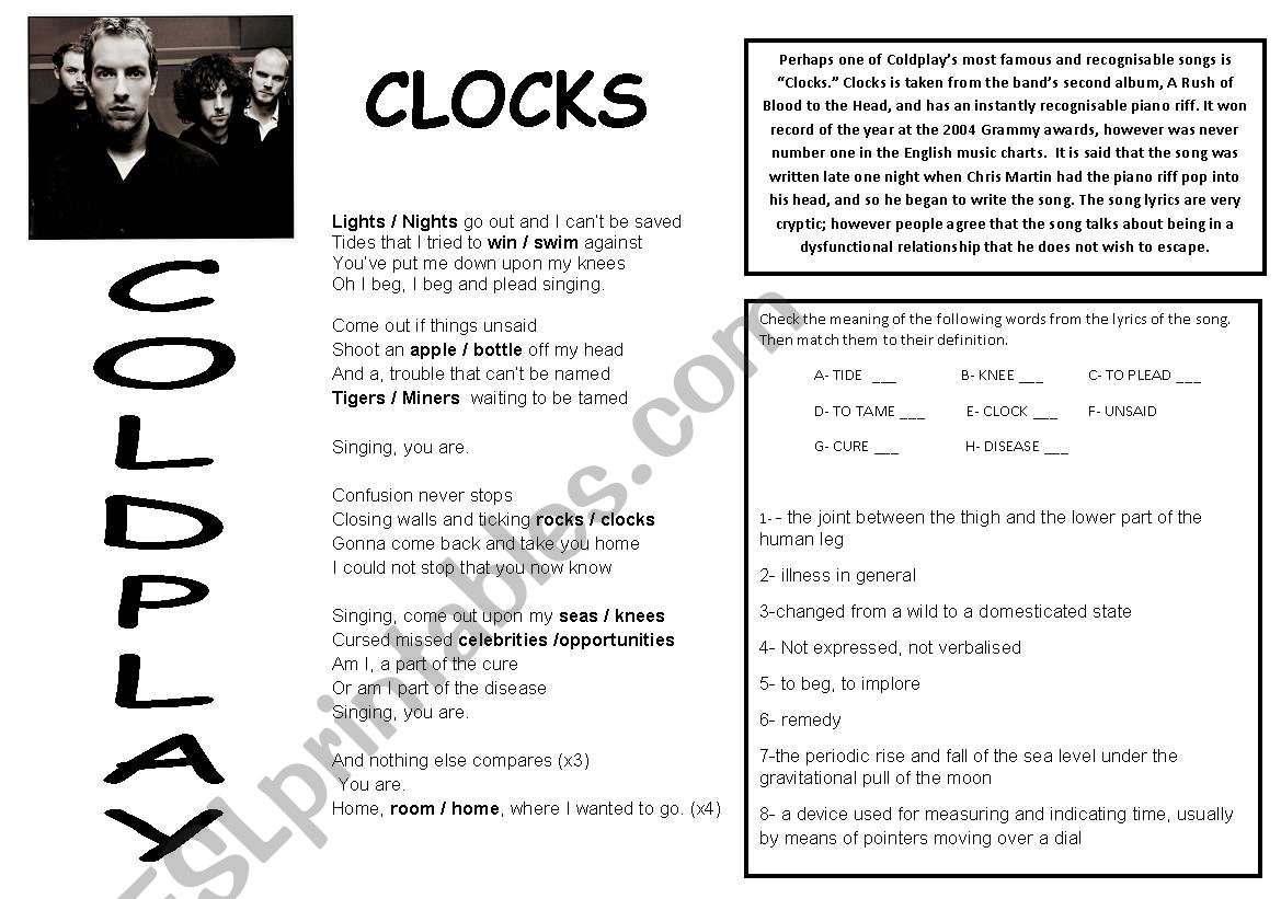 Clocks By Coldplay Esl Worksheet By Cherna