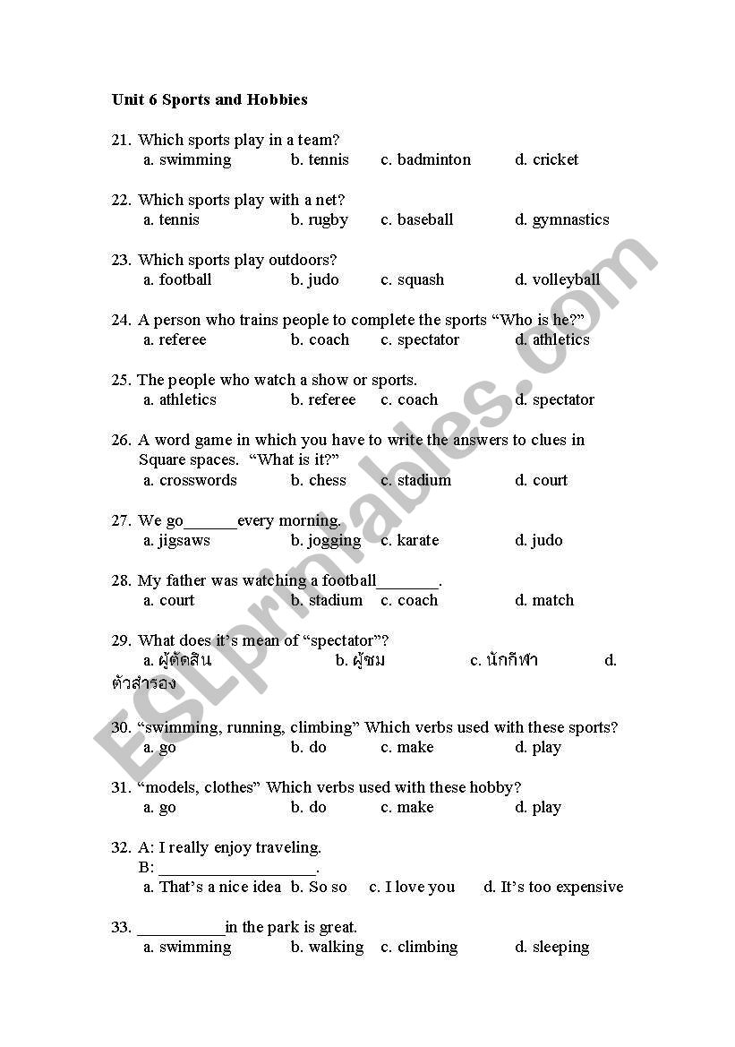 Sports and Hobbies worksheet
