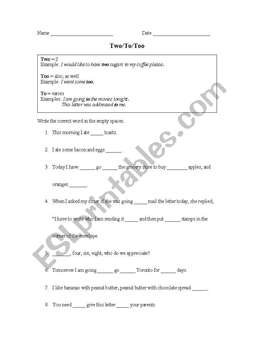 English worksheets: To/too/two worksheet In To Too Two Worksheet