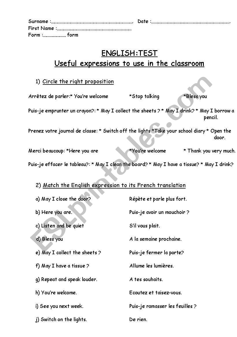 Useful expressions test worksheet