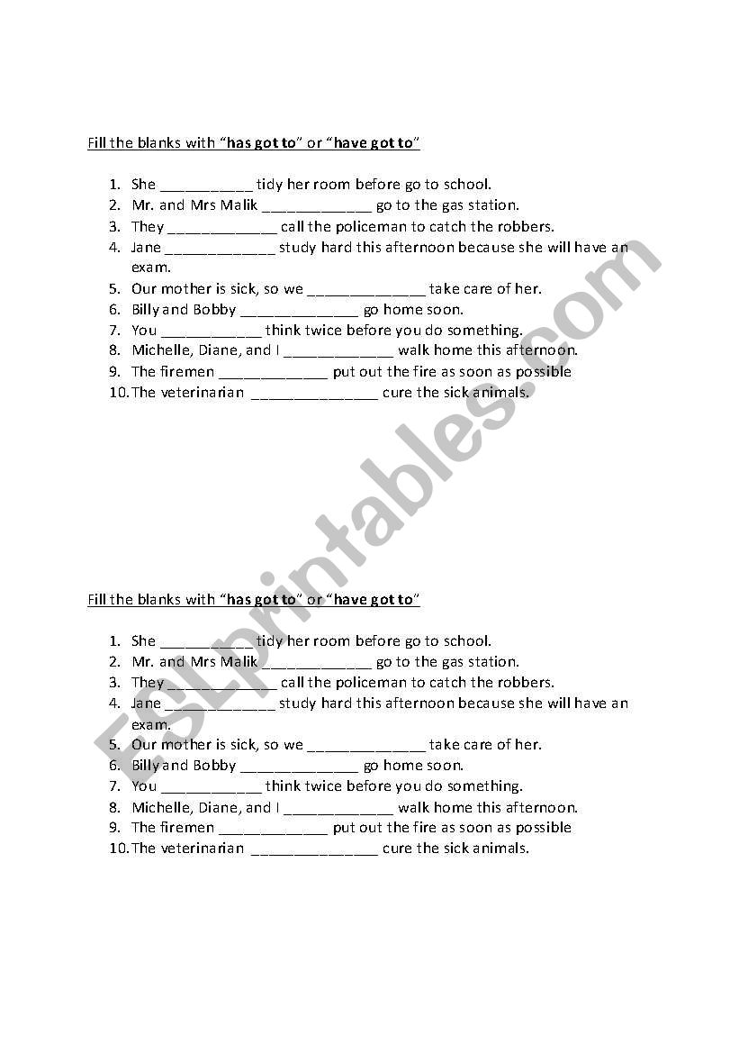 Have got to / has got to worksheet