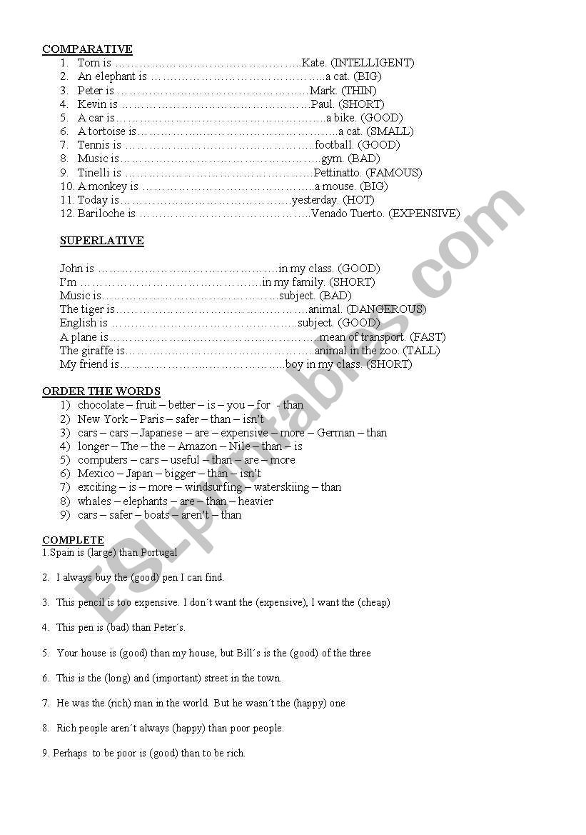 Comparative vs superlative worksheet