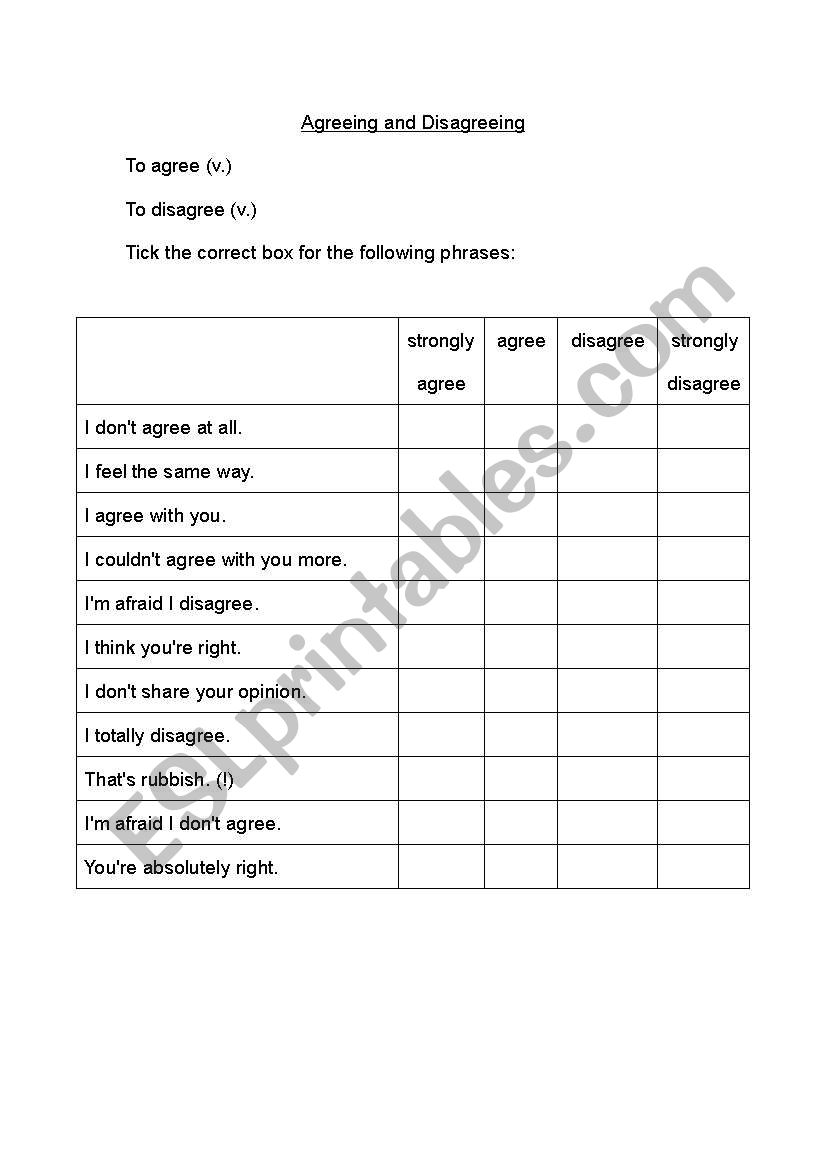 Agreeing and Disagreeing worksheet