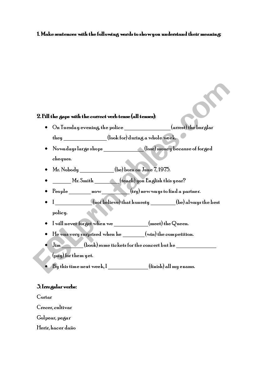 Vocabulary, irregular verbs and tenses review