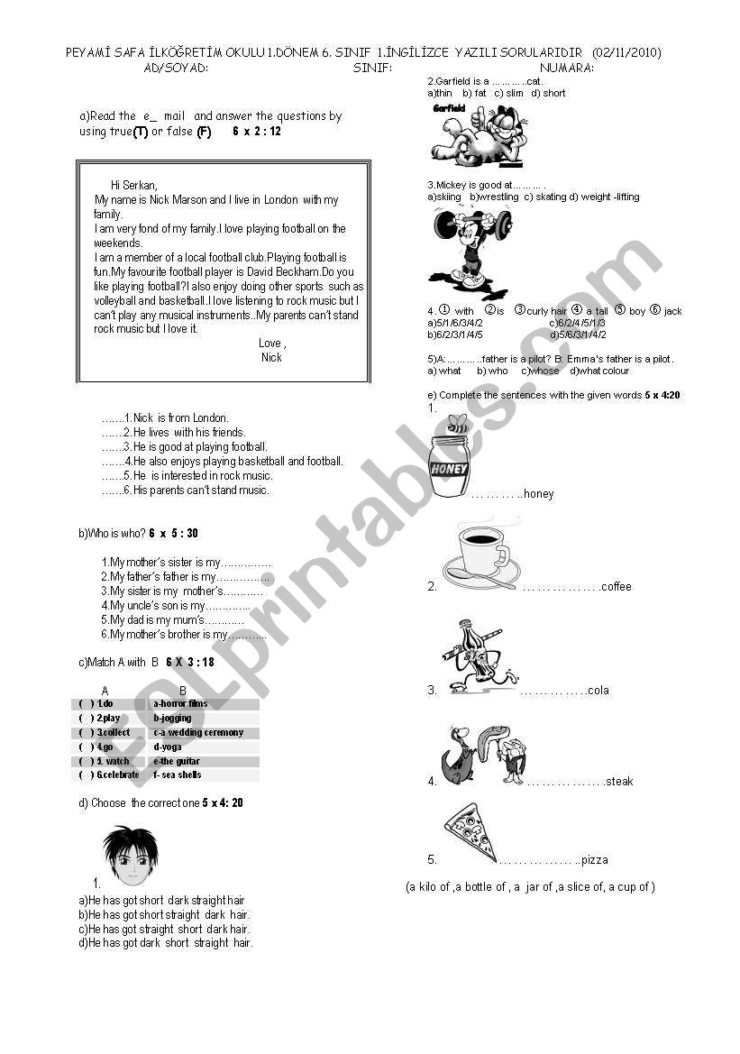 exam for 6 th classes worksheet