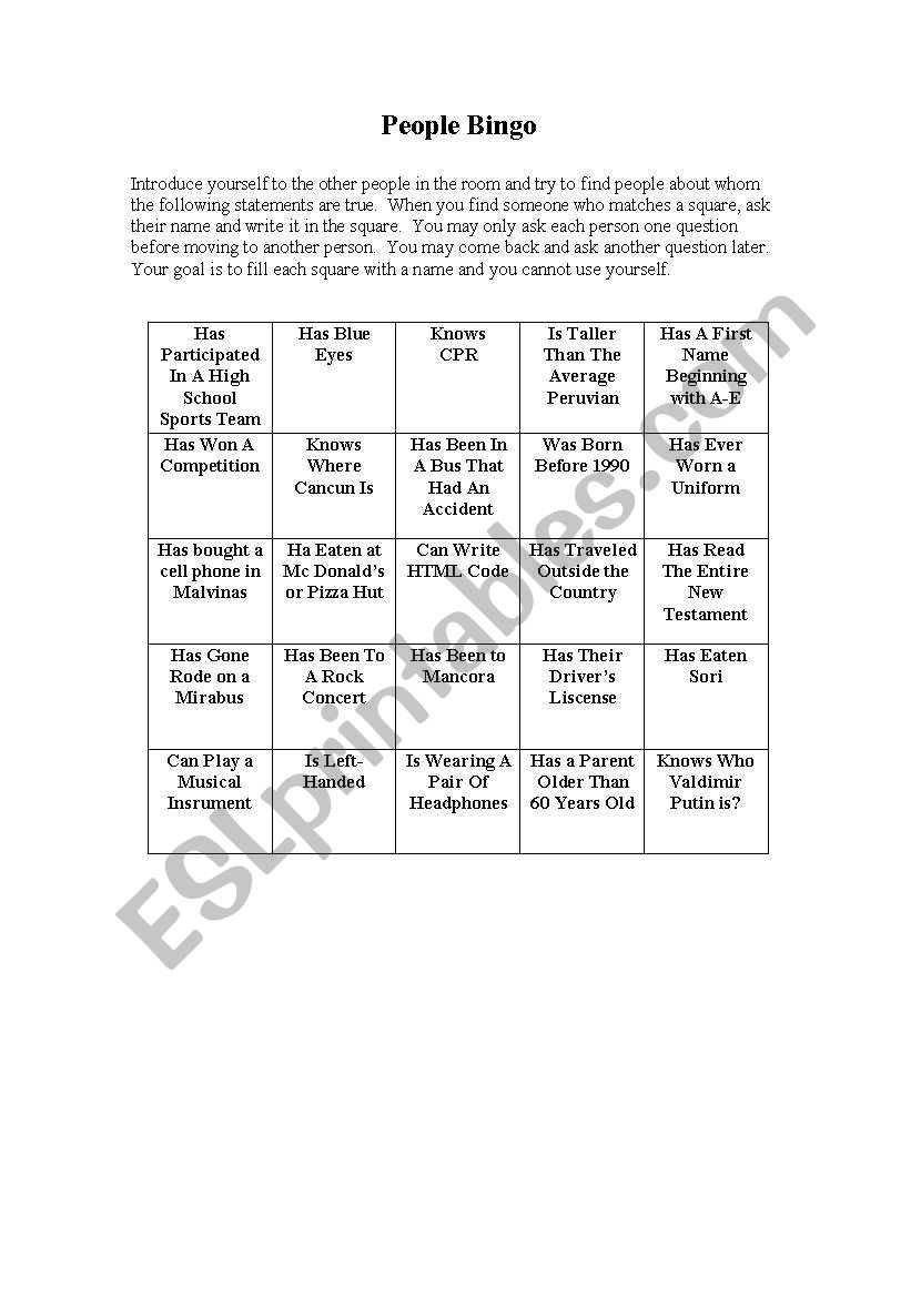 People bingo worksheet