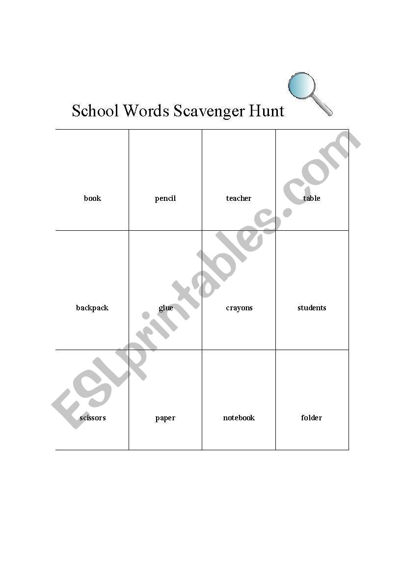 School Words Scavenger Hunt  worksheet