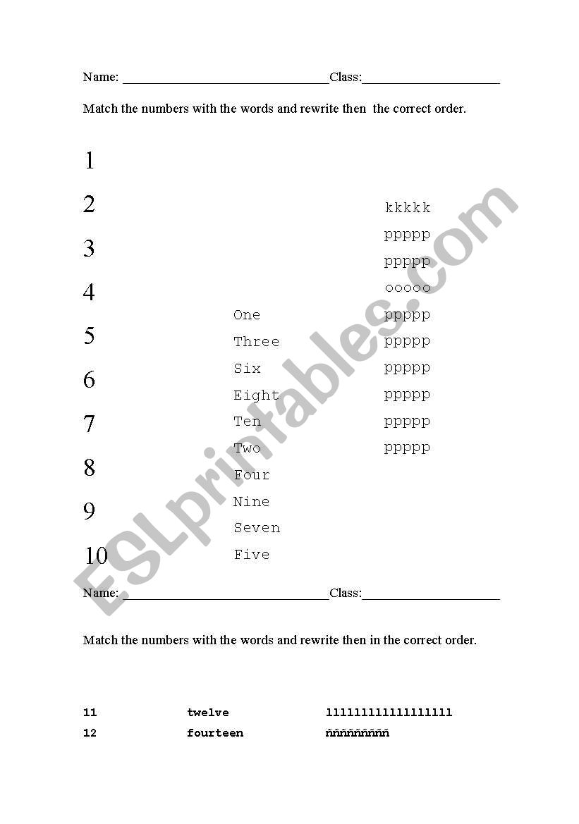 numbers match and write worksheet
