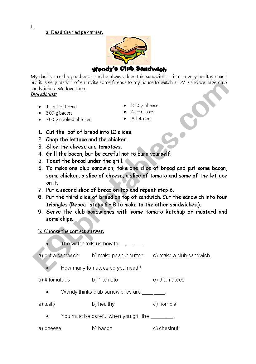 Club Sandwich Recipe worksheet