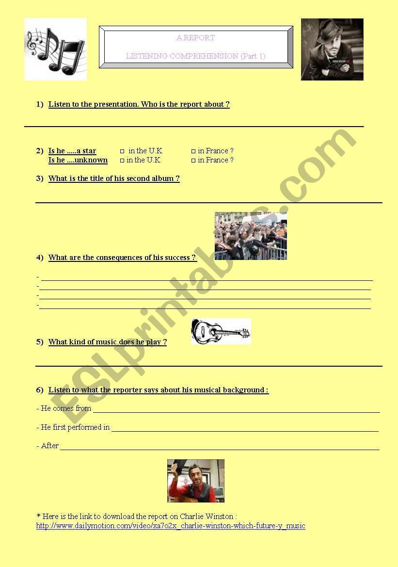 A report on Charlie Winston worksheet