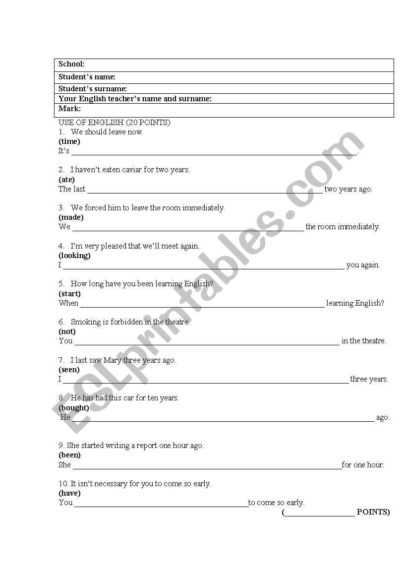 use of english worksheet