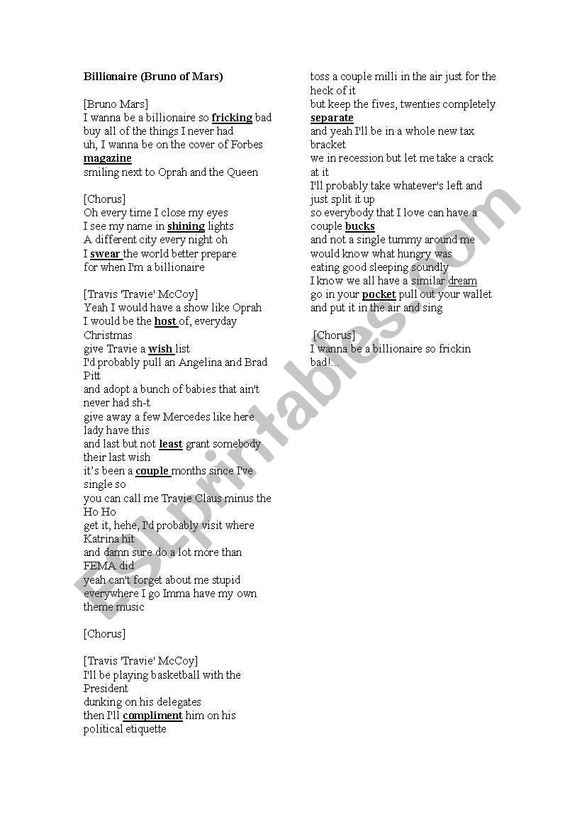 Song Billionarie worksheet