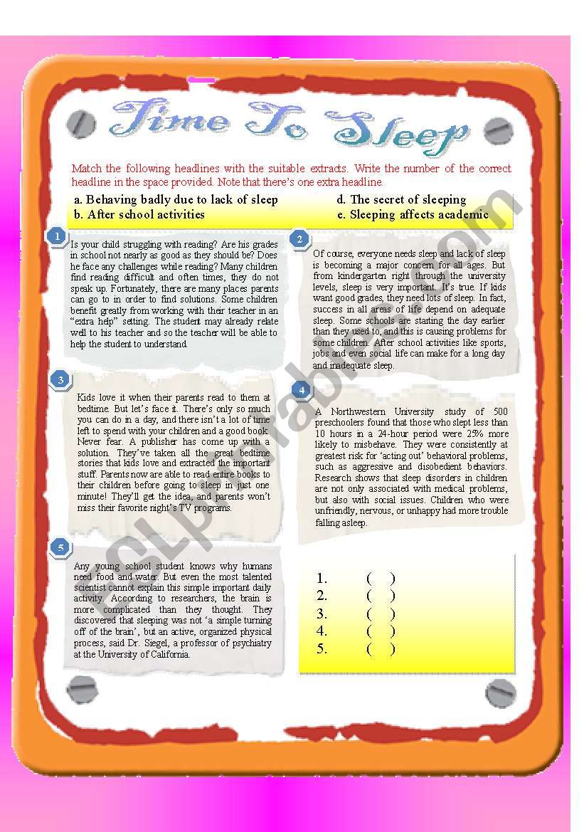 Reading - Time To Sleep worksheet