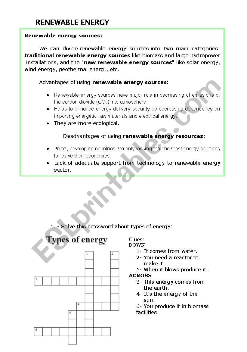 RENEWABLE ENERGY CROSSWORD AND READING