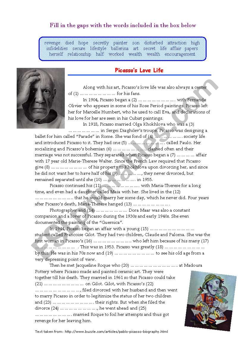 Picassos Love Life (Cloze) worksheet