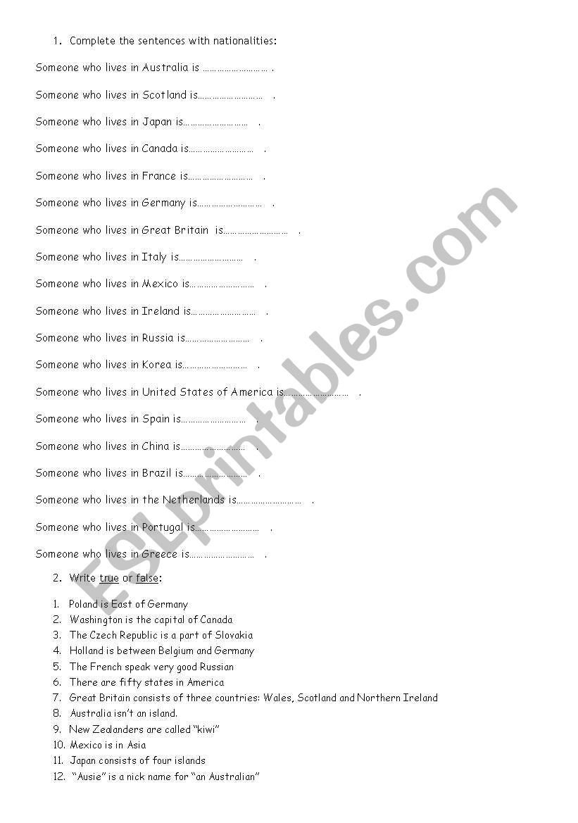 nationalities worksheet