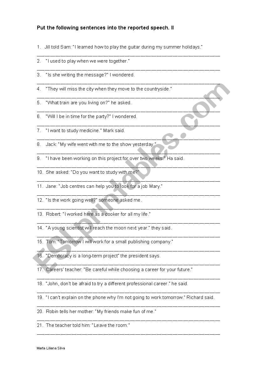 Reported speech 2 worksheet