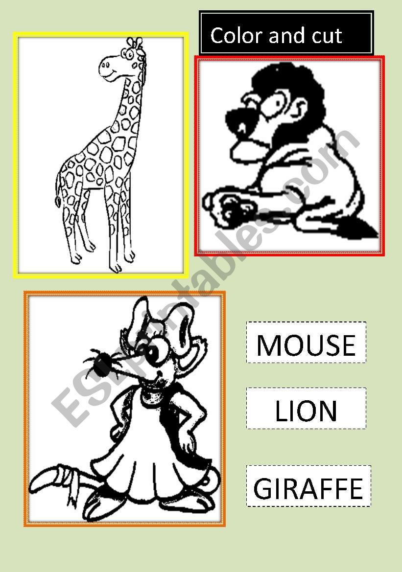 animals color and cut worksheet