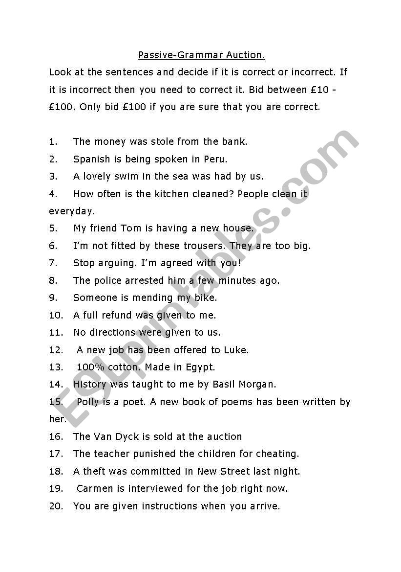 Passive -Grammar Auction worksheet