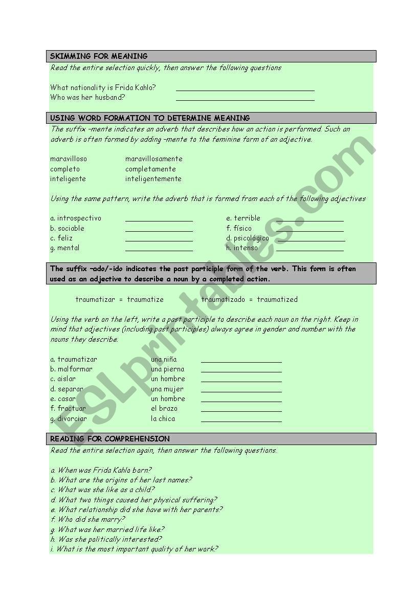 Frida Kahlo - biography worksheet