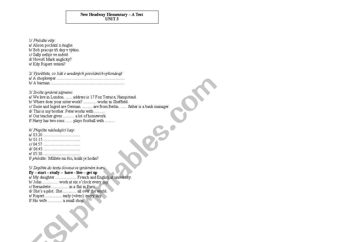Hewdway Elementary Unit 3 Test - Czech