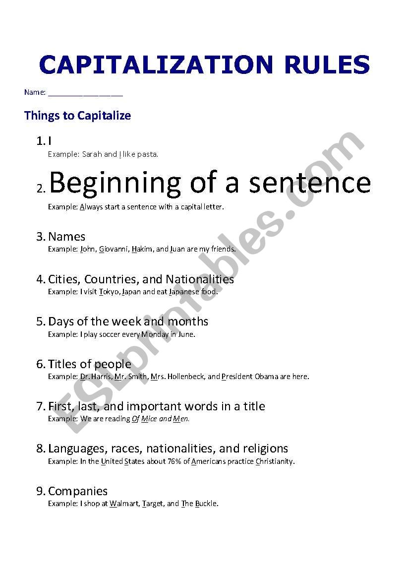 Capitalization Rules Grammar Guide and Practice - ESL worksheet by mlbeckha