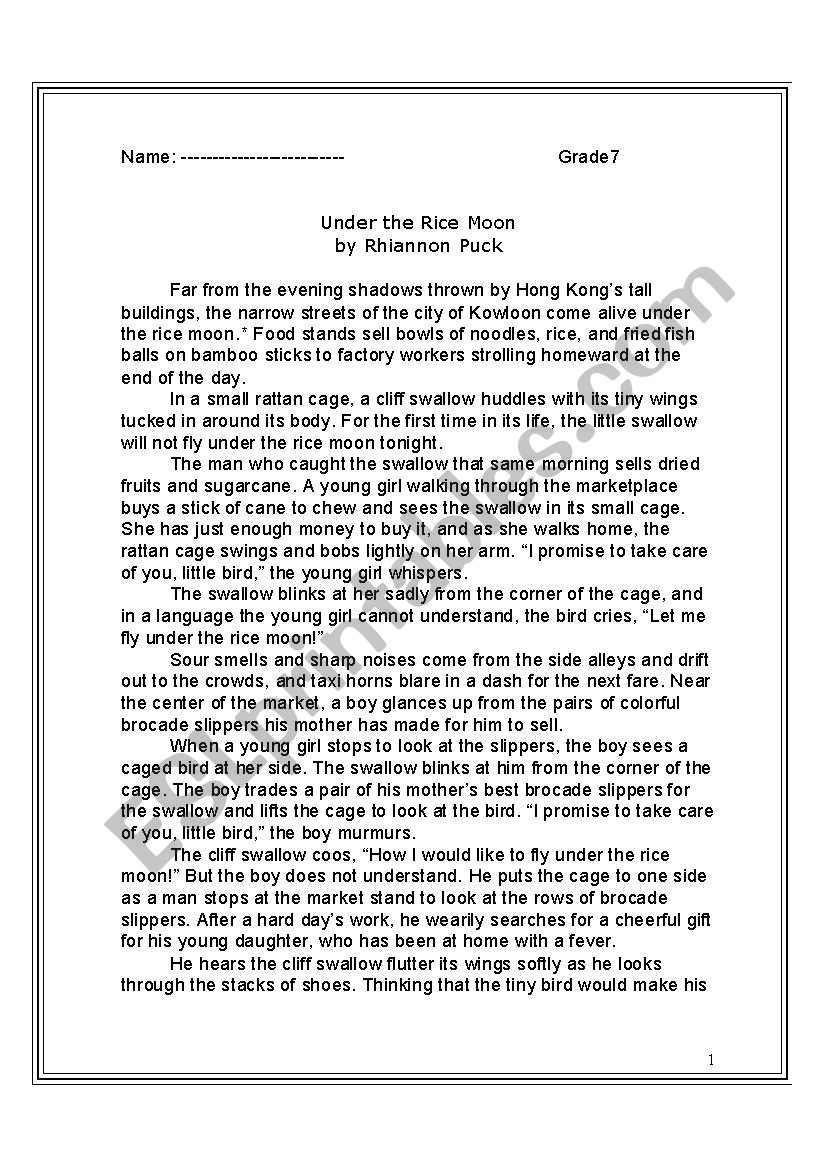 reading : short story worksheet