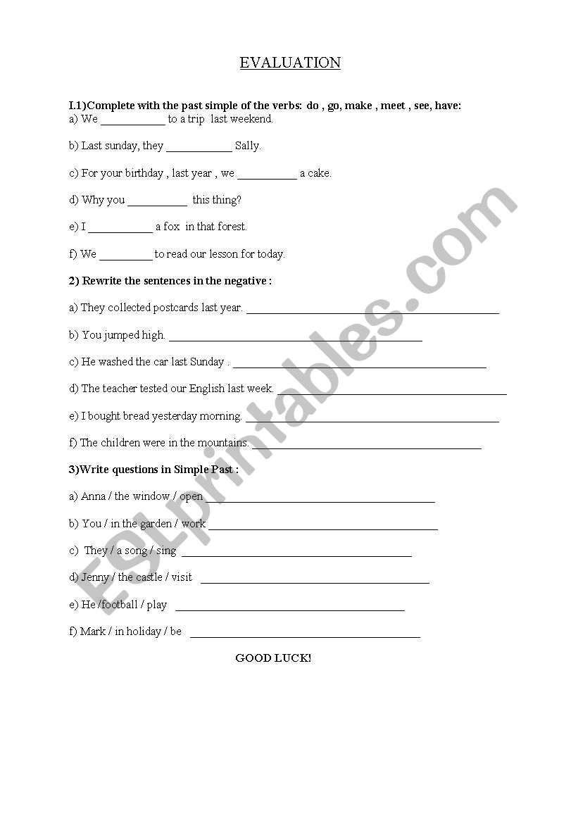 SIMPLE PAST -evaluation test worksheet