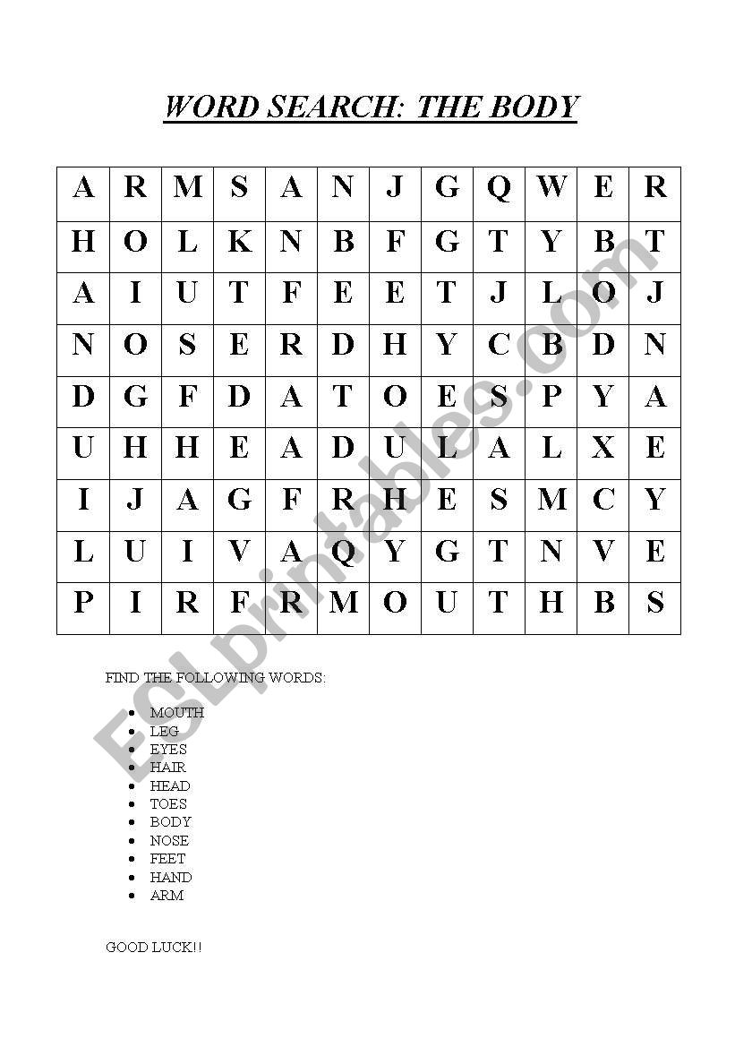 body word search worksheet