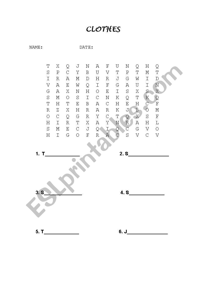 CLOTHES WORDSEARCH worksheet