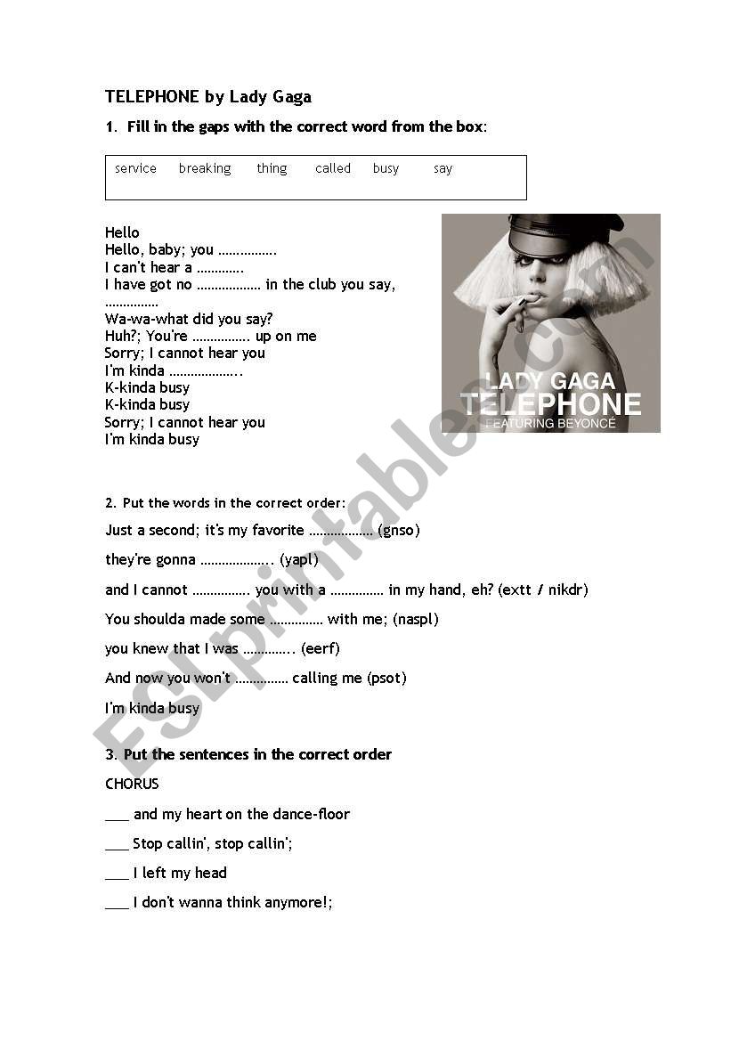 TELEPHONE by Lady Gaga worksheet