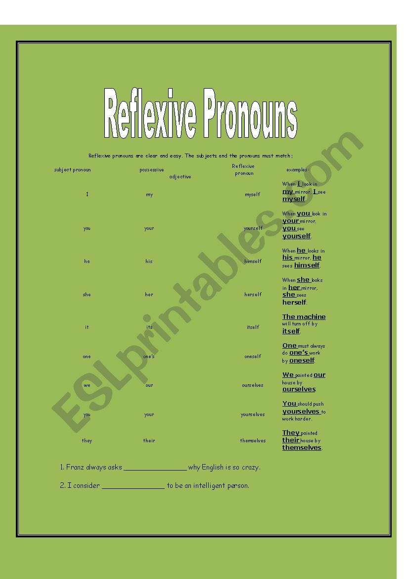 Reflexive prounouns worksheet