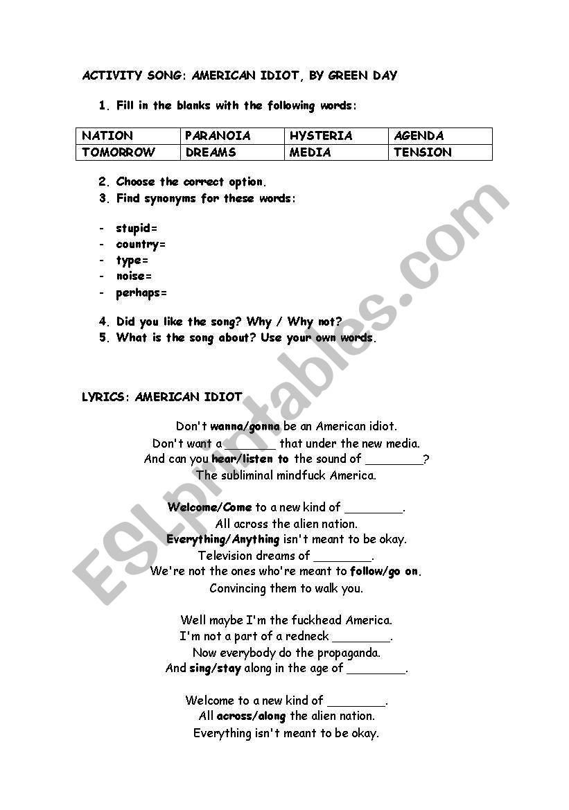 American Idiot, by Green Day worksheet