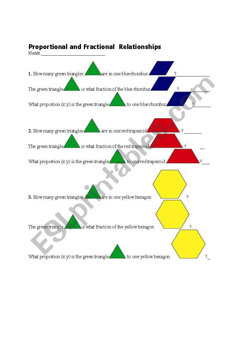 English Worksheets Proportions And Equivalent Fractions With Pattern Blocks